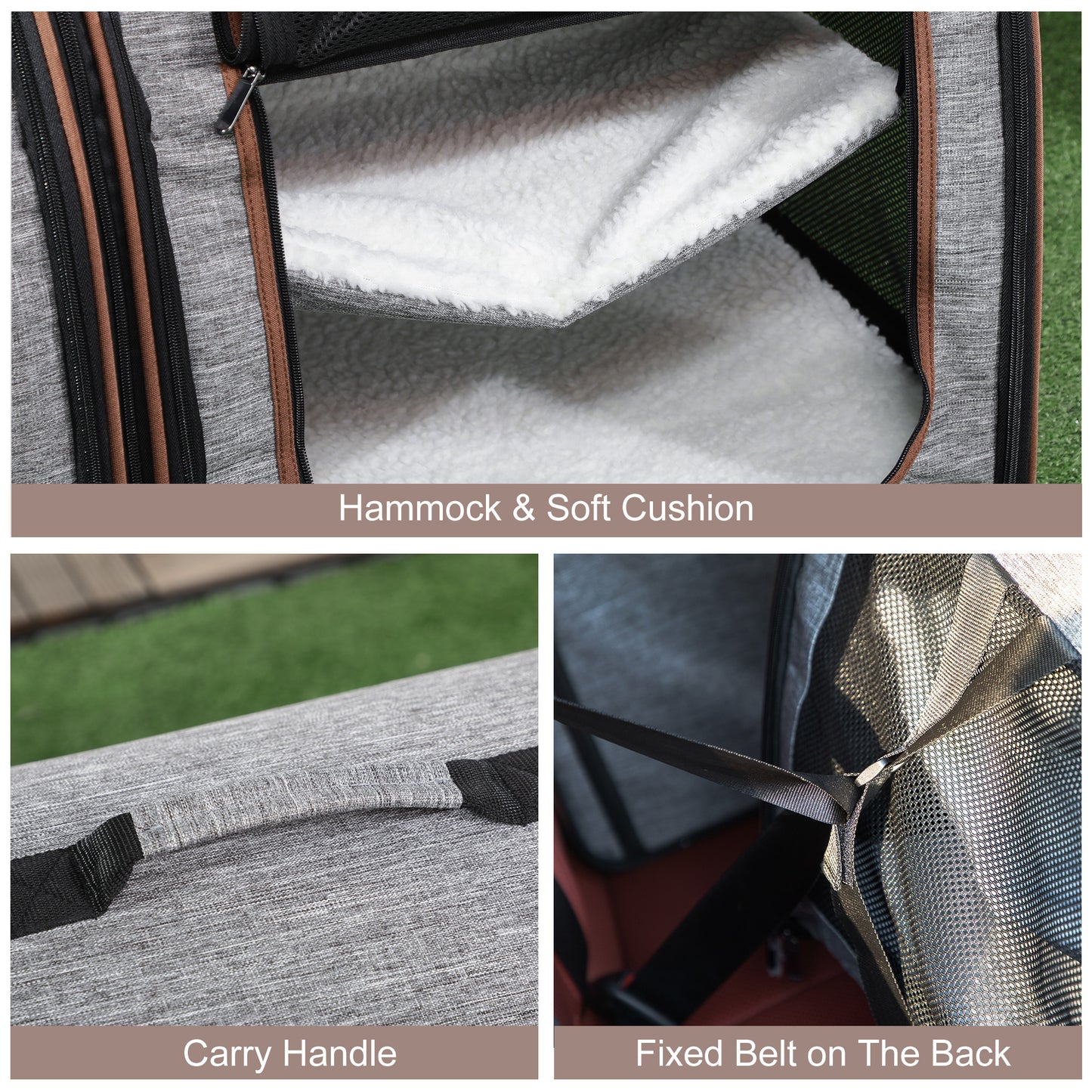 Portable Soft-Sided Pet Cat Carrier with Divider, Two Compartments, Padded and Storage Bag, Grey