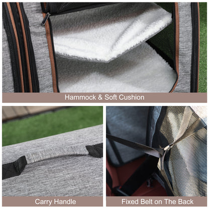 Portable Soft-Sided Pet Cat Carrier with Divider, Two Compartments, Padded and Storage Bag, Grey